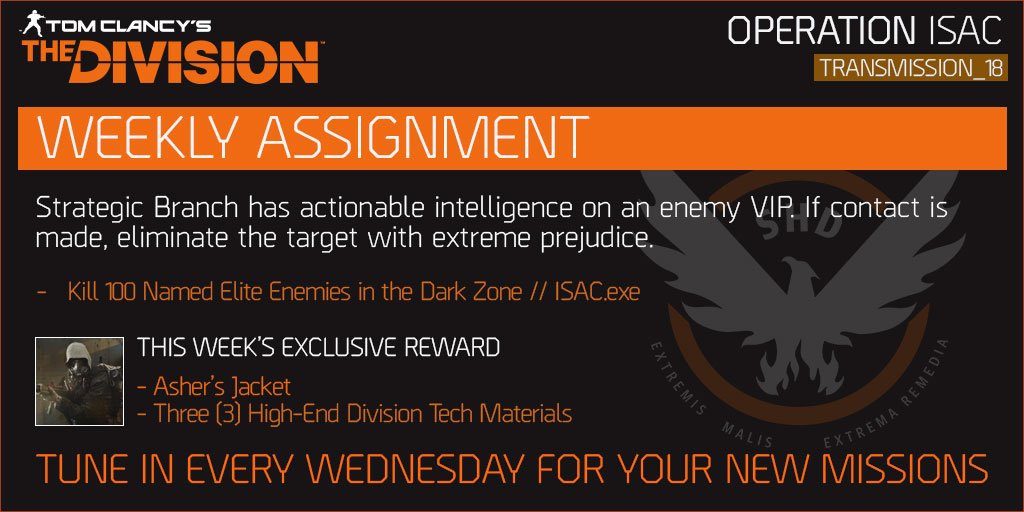 TheDivisionGame's tweet photo. Collect this week's reward before it's gone. New #OperationISAC mission starts Wednesday. https://t.co/JKQcDuptSj https://t.co/B6nOHXGPCh