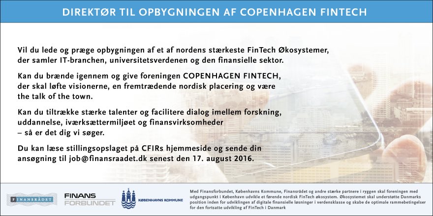 Direktør søges til foreningen COPENHAGEN FINTECH --> bit.ly/2aPj7Zm #jobdk #fintech #dkøko #dkfinans