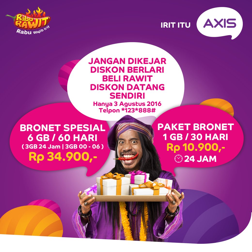 AXIS_NTB's tweet photo. #RabuRawit
BRONET SPESIAL 6GB/60HR (3GB 24 JAM+3GB 00-06) Rp 34.900
BRONET 1GB/30HR, 24 JAM Rp 10.900
Tlp *123*888# https://t.co/eatj9Ouar9