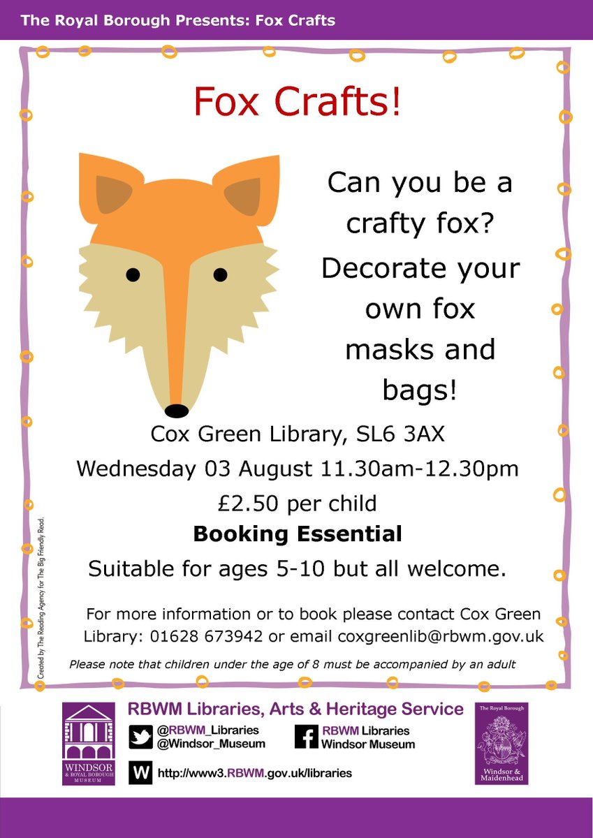 RBWM_Libraries's tweet photo. Get the #fantasticmrfox look tomorrow at #CoxGreenLibrary with our foxy crafts! #RoaldDahl #SummerReadingChallenge https://t.co/z6TqHTaQxk
