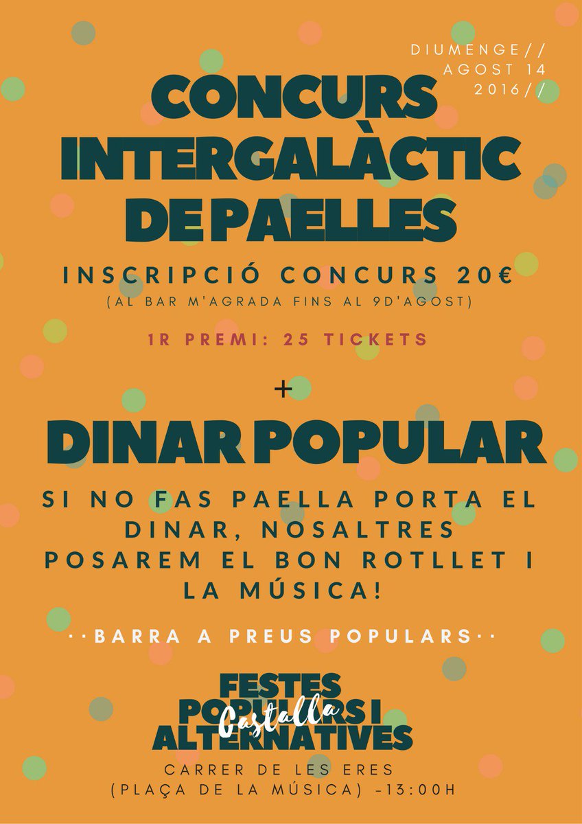 FPACastalla's tweet photo. #Tercera i #Letal novetat de les #FPACastalla. El 1r #ConcursIntergalàcticDePaelles. Ja tenim gent apuntada, correu! https://t.co/6NW5oytTUV