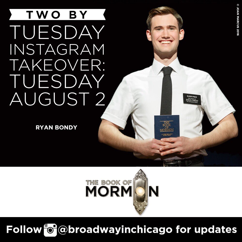 broadwaychicago's tweet photo. TODAY @ryanbondy34 from @BookofMormon takes over our Instagram for #TwoByTuesday! Spread the good word 🙌🏻📙 https://t.co/Ly0YlfzzIJ