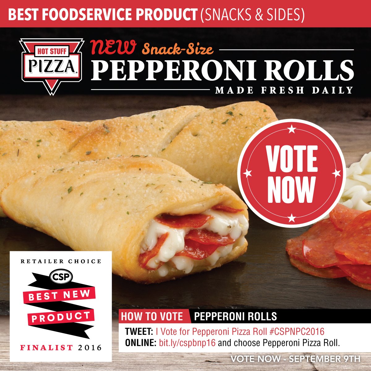 HotStuffPizza's tweet photo. Help us win! Vote Now!
Tweet: I Vote for Pepperoni Pizza Roll #CSPNPC2016
Online: https://t.co/xQuDgsIoVc https://t.co/CGXvO1B6UV