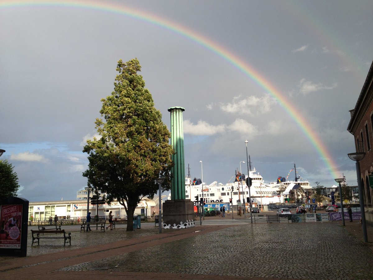 The2mencomedy's tweet photo. A rainbow connects Sweden and Denmark, not funny but a beautiful moment. Comedy to follow... @passagefestival https://t.co/dPog4rGxVc