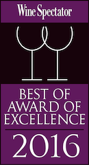 Cheers! Our impressive wine selection has been voted “Best of Award of Excellence” by <a href="/WSRestoAwards/">WS Restaurant Awards</a>  2016!