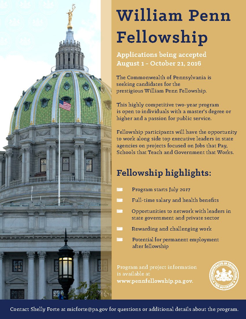 PittAlumni's tweet image. Pennsylvania is seeking candidates for the prestigious William Penn Fellowship. Learn more: pennfellowship.pa.gov