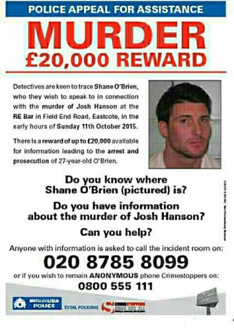 WembleyCrime's tweet photo. @wantedphotosuk please re-tweet. 
#Wanted #ShaneOBrien #Murder of #JoshHanson @JusticeForJoshH 
🚫 STOP 🚫 #KnifeCrime https://t.co/u9KKTETfwk