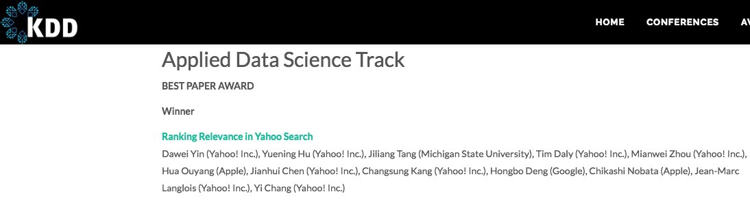 YahooResearch's tweet photo. So proud of our colleagues! "Ranking Relevance in @Yahoo Search" = #KDD2016 Best Paper: https://t.co/WhqU3eNJYC https://t.co/zRqzKU70D0
