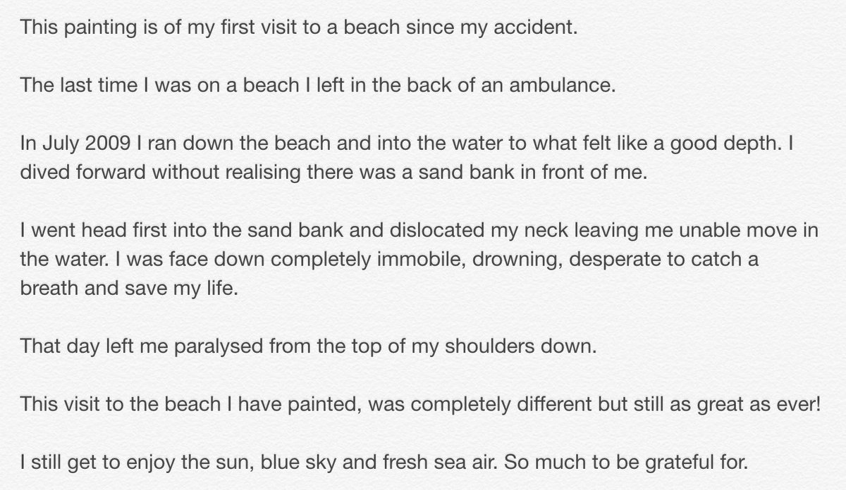 henryfraser0's tweet photo. My mouth painting. I can only use my mouth.

An important piece to me.

My first time on a beach since my accident. https://t.co/gzahWxENC5