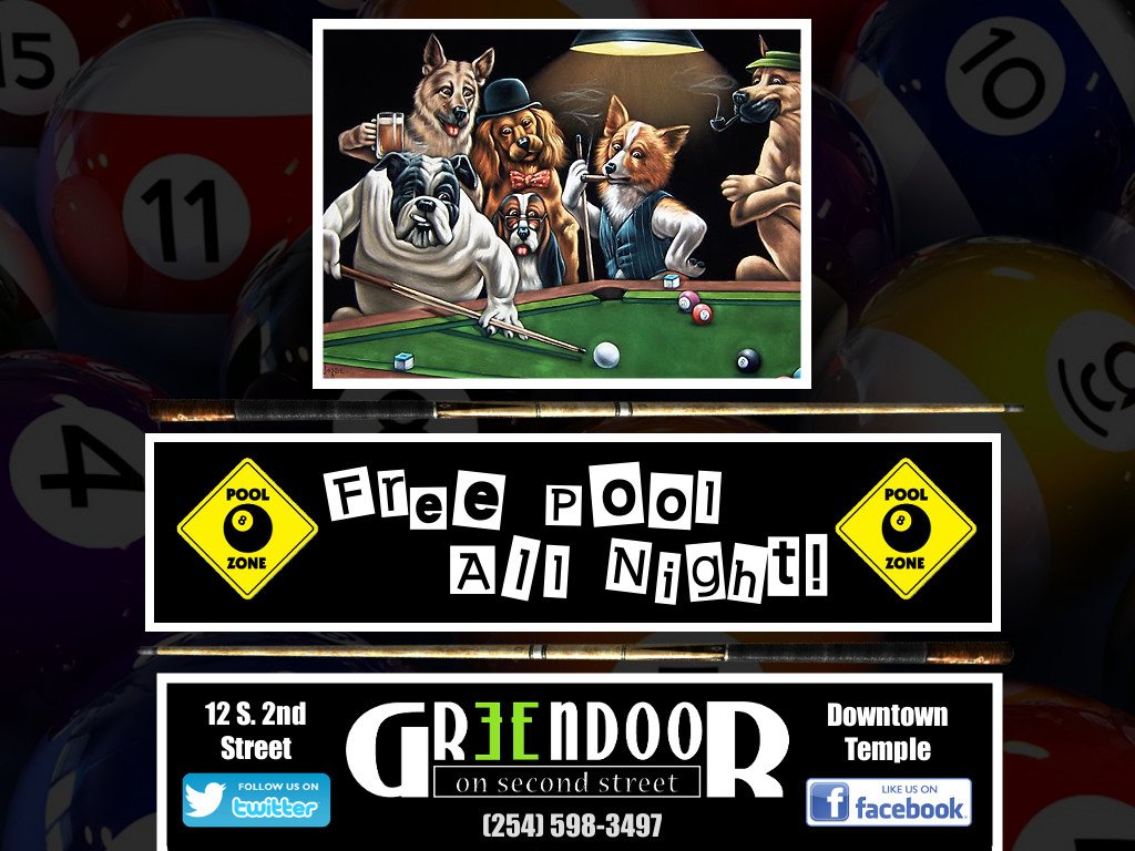 GreenDoorTX's tweet photo. Enjoy free pool all day and night? Sure you do. We now have 6 pool tables so come one and come all! #freepool https://t.co/nCVcRJowKW