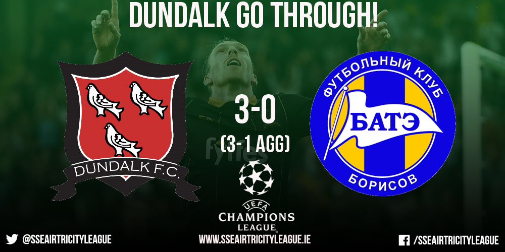 LeagueofIreland's tweet image. FT: @DundalkFC 3-0 @FCBATE - Dundalk make history, through to the @ChampionsLeague play-offs! Huge night for 🇮🇪🇮🇪🇮🇪!