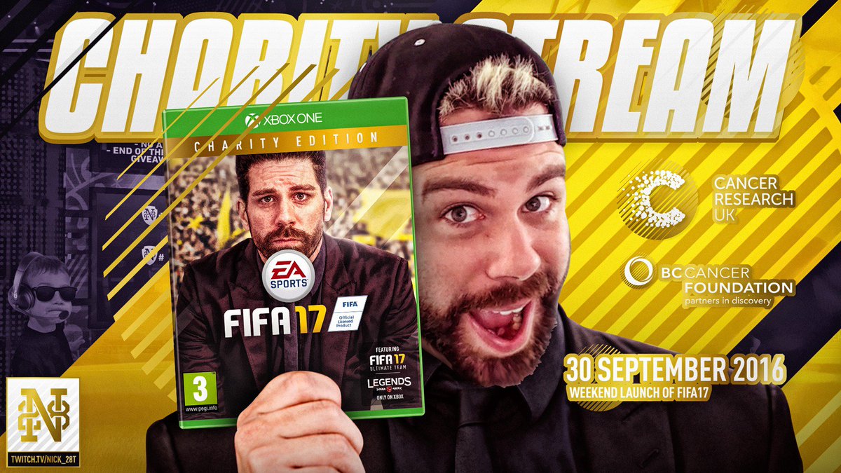 Nick28T's tweet image. Our next 40+ hour charity stream for @CR_UK and @bccancer will be for the launch of FIFA17! #FuckCancer