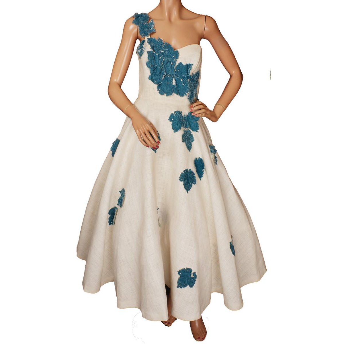A lovely 1950s Circle Skirt Party Dress, off-white with Blue Foliage trim.
rubylane.com/item/597169-RL…
