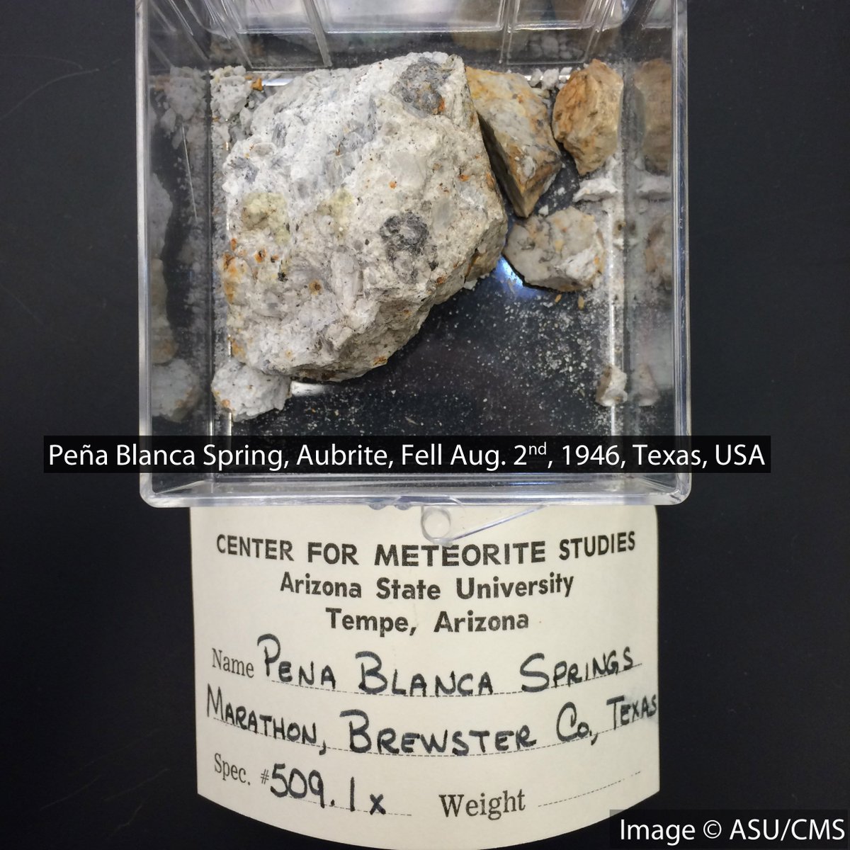 ASUMeteorites's tweet photo. The Peña Blanca Spring #meteorite (#aubrite) fell 70 years ago on August 2nd, 1946 in #Texas, #USA #SESE #ASU https://t.co/r9gmB8byIp