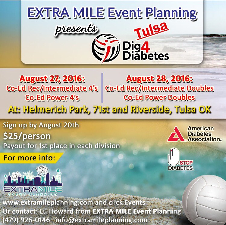 ExtraMileEvents's tweet image. Official tournament flier. Sign up by August 20 #dig4diabetes #dig4diabetestulsa #extramileplanning #sandvolleyball