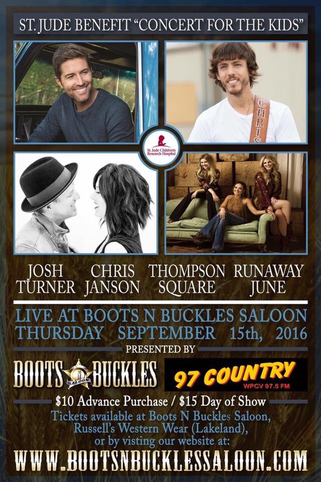 BootsNBuckles1's tweet photo. @joshturnermusic @ChrisJanson_ @thompsonsquare @runawayjune LIVE September 15th! Tickets on sale NOW! https://t.co/WPl3wrXoQH