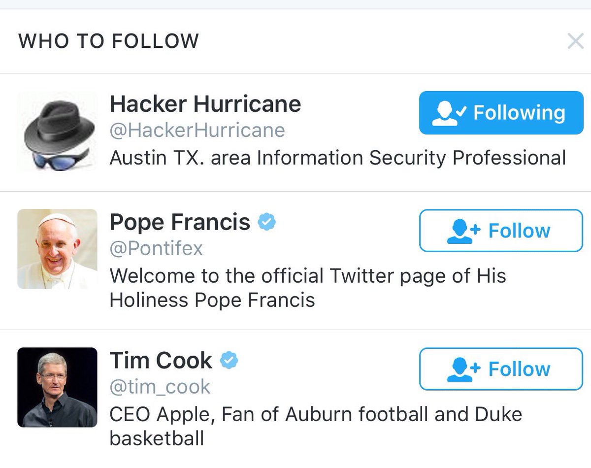 cwrightsd's tweet photo. @twitter algorithm has a sense of humor @HackerHurricane @Pontifex @tim_cook 😂 https://t.co/Mzw5IvcJcm