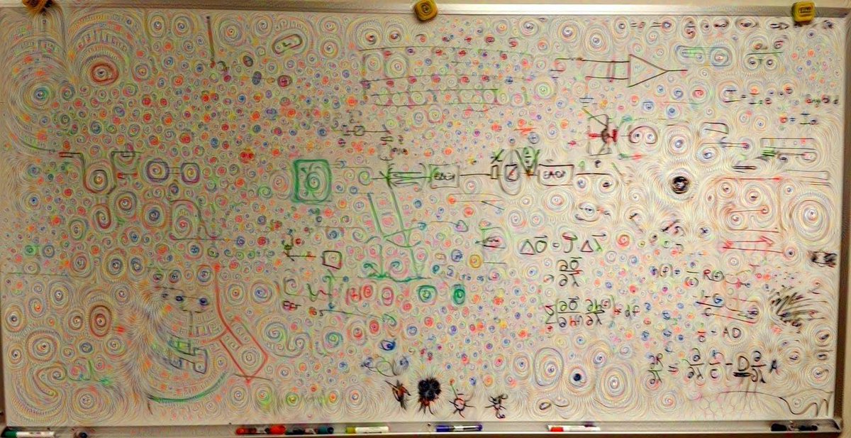 RanaXAdhikari's tweet photo. Whiteboard outside my office. After one pass of #deepdream I think it really speaks to me: https://t.co/bB2L1rKmVB https://t.co/sohXarz7ys