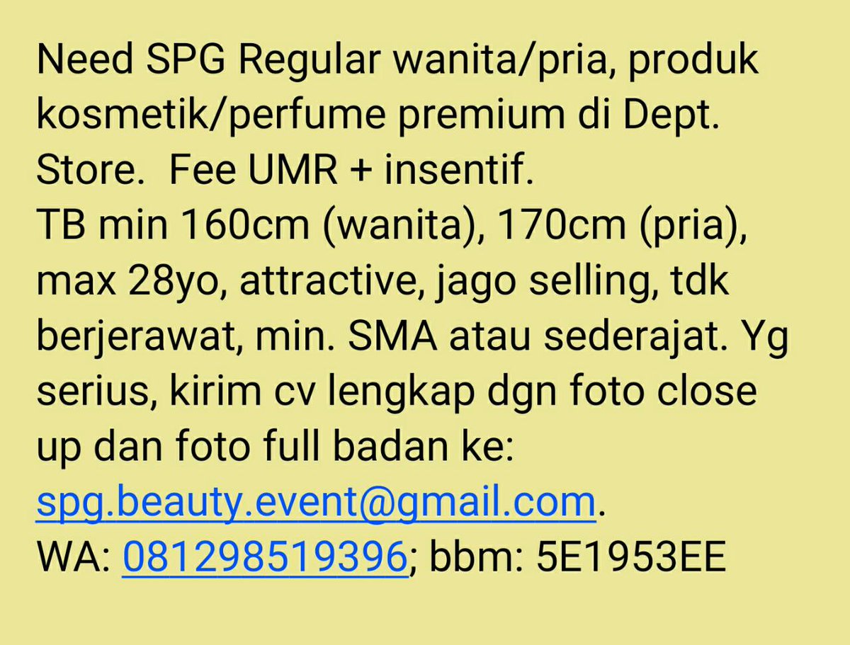 Need SPG/SPB Regular/Permanent. Tolong bantu RT yah <a href="/pakarSPG/">Pakar SPG</a>. Thx