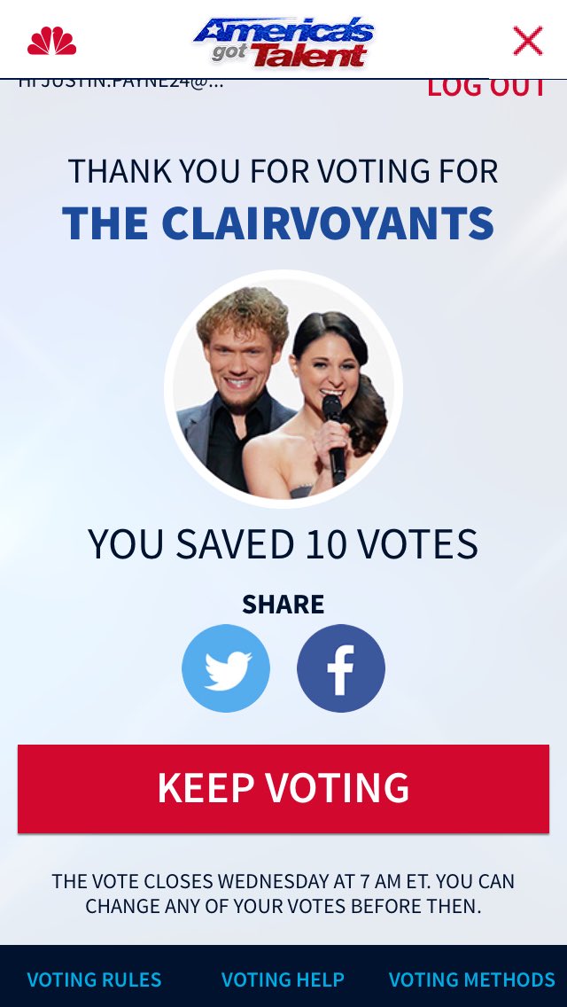 JustinPayneHMS's tweet photo. @ThommyAndAmelie 10 calls, and 10 app votes are in. Best of luck. #agt #milliondollaract https://t.co/tH4oGLFjyL