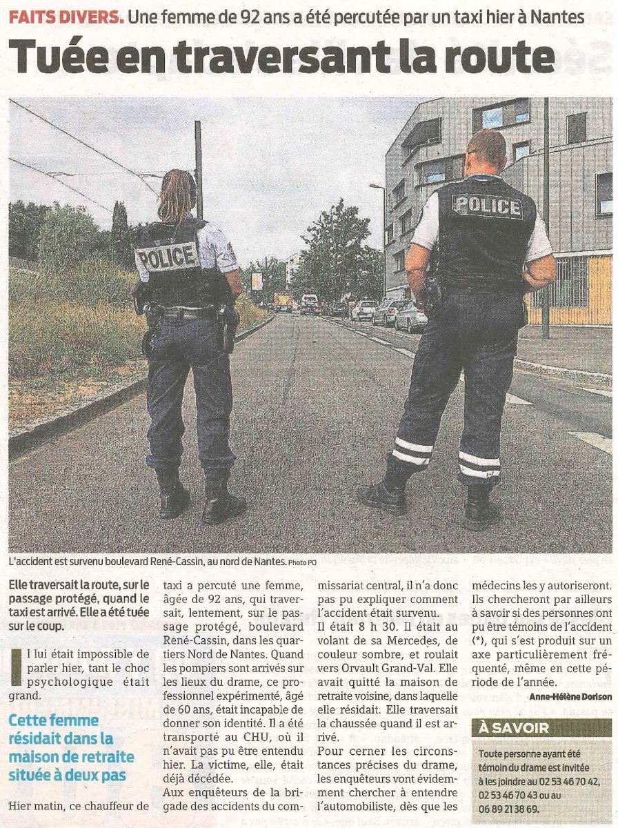 PoliceNat44's tweet photo. Accident mortel hier matin, bd René Cassin à #Nantes. Voiture contre piéton. 
@PoliceNat44 recherche des témoins. https://t.co/bz4NKbi6jm