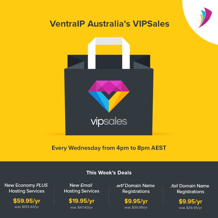 VentraIP's tweet photo. Our weekly #VIPSales run every Wednesday 4pm till' 8pm AEST.
Save now! https://t.co/ZyZiEiMCXI
#Hosting #DomainNames https://t.co/5XmYkKtTqh