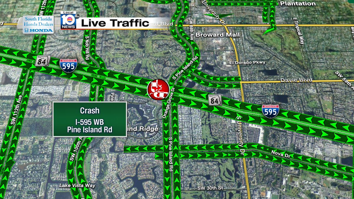 Crash on I-595 WB at Pine Island Rd #traffic https://t.co/JbS4O6gPJK
