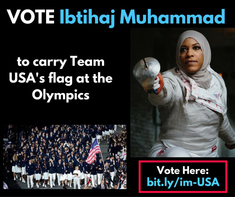 URGENT: Vote for <a href="/IbtihajMuhammad/">Ibtihaj Muhammad</a> to hold #TeamUSA's flag at #Rio2016 Olympics. Vote Here: bit.ly/im-USA