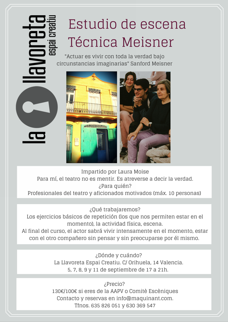 trueactingval's tweet photo. En septiembre, #curso intensivo de técnica #Meisner en #LaLlavoretaEspaiCreatiu #Valencia #teatro #TAS #actingmethod https://t.co/Y3mJgzhEsr