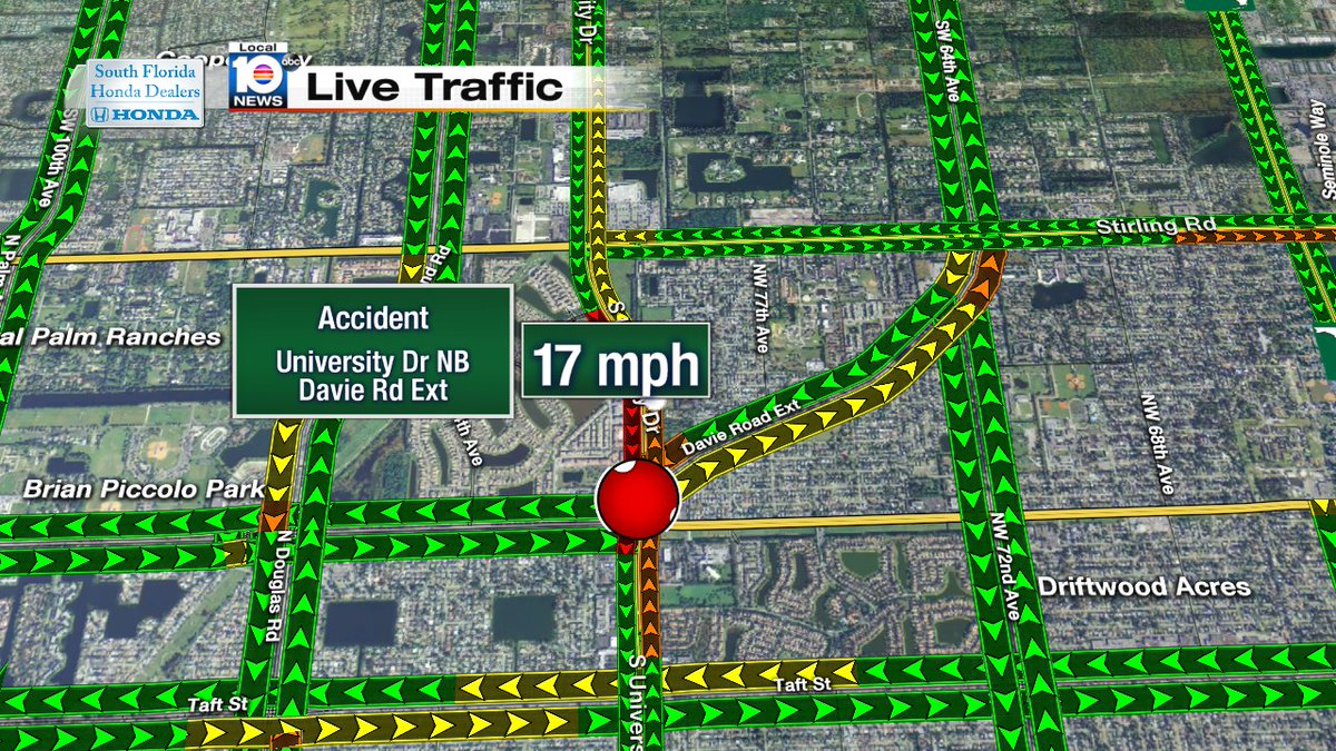 Accident on University Dr NB at Davie Rd Extension #traffic https://t.co/QCOrQvnTLQ