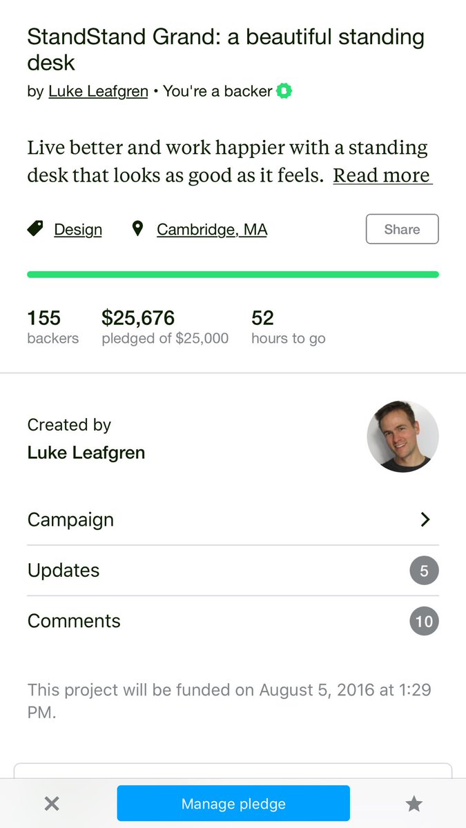 BrentSchrader's tweet photo. Congrats @lukeleafgren, it looks like #StandStand is funded! @kickstarter #health https://t.co/qNczmPiM9G