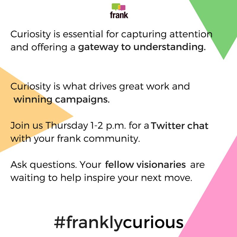 RealGoodCenter's tweet photo. Join our #franklycurious Twitter chat w/ leaders from the industry. Ask questions, give advice and  share stories. https://t.co/qFO9BwEs1T