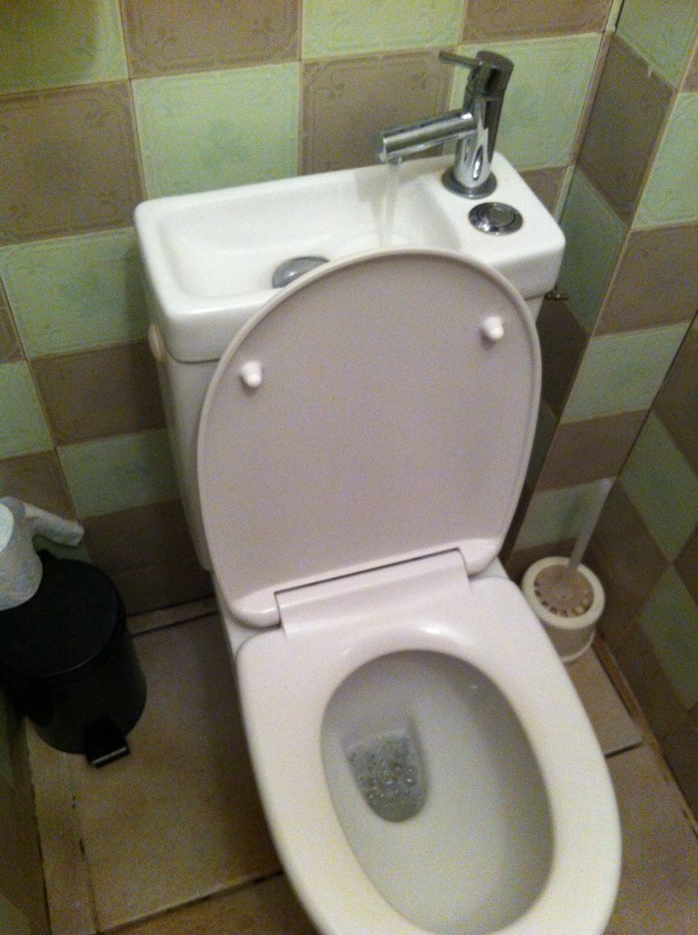 Gezien in Frankrijk, ideaal voor een Tiny House: geïntegreerd toilet met spoelbak(je).