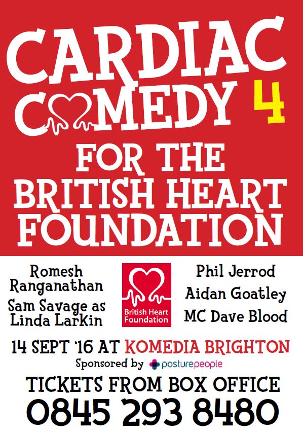 Tickets for the <a href="/BHF/">bhf</a> Cardiac Comedy ft <a href="/RomeshRanga/">Romesh Ranganathan</a> @PhilJerrod @MrAidanGoatley @samsavage52 komedia.co.uk/brighton/comed…