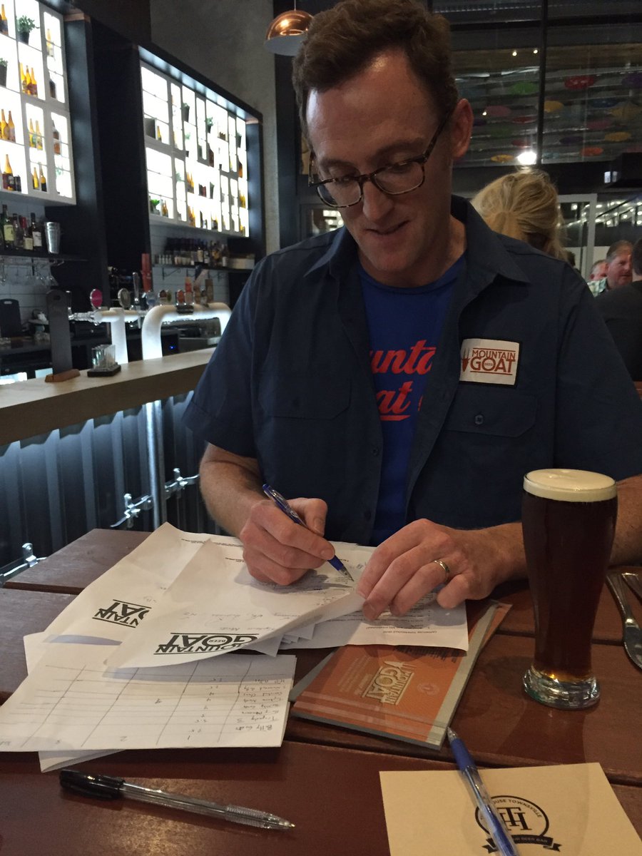 Brewer Ian marking answers on the #beertrivia @TheTapHousetsv #beergustation <a href="/goatbeer/">Mountain Goat Beer</a> #concentrationface #craftbeer