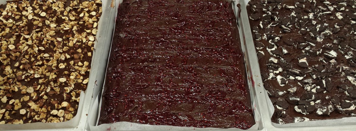 Nutty brownie, raspberry brownie and Oreo brownie ready for the oven #Gourmet #brownie