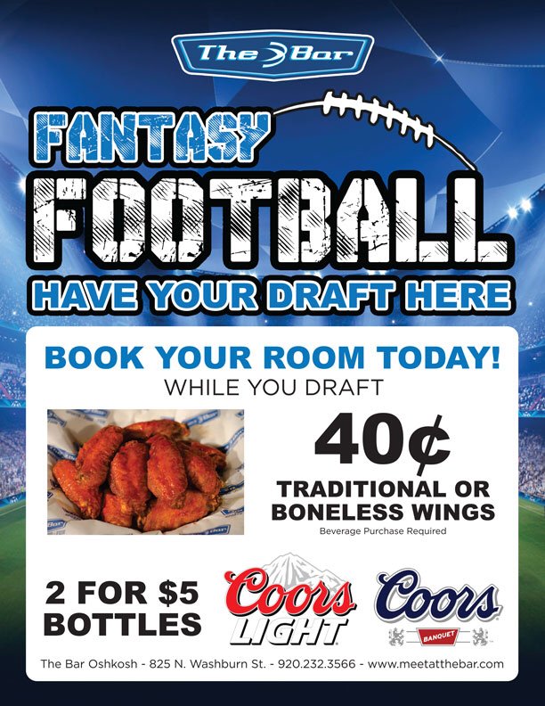 thebaroshkosh's tweet photo. It’s time to get that @NFL Fantasy team drafted! Make The Bar your league office!! #fantasyfootball #meetatthebar https://t.co/V5WtfsOyyh