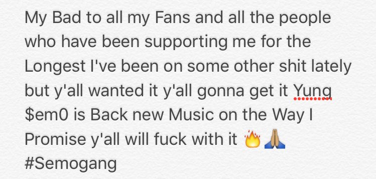 Yungsemo's tweet photo. Yung $em0 is back new music on the way #semogang https://t.co/KlzAw60ab7