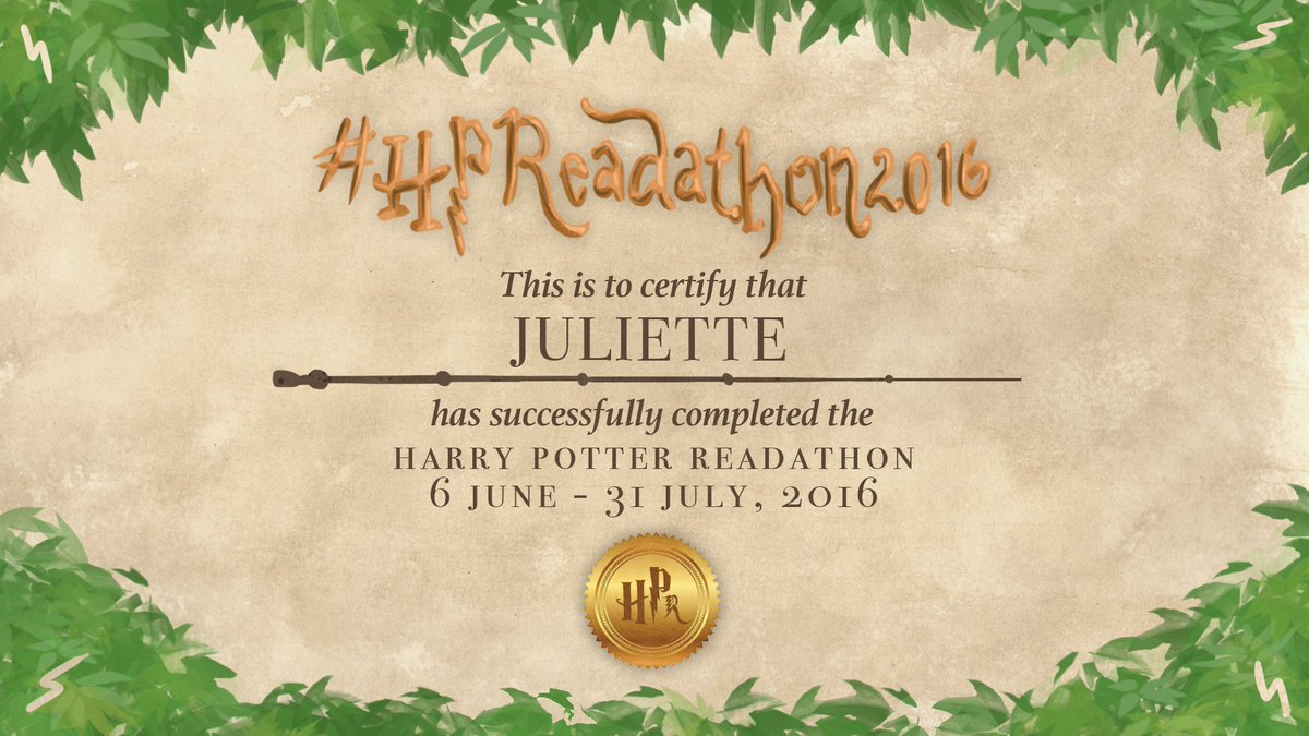 HPReadathon's tweet photo. Congratulations on completing the #HPReadathon2016, Juliette (@juliette3716)! Hope to see you again next year. https://t.co/seeryYNJpo