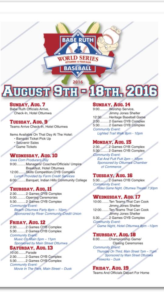 13-year-old Babe Ruth World Series schedule. For details, ottumwabaseball.com. #ExploreOttumwa #ThisIsIowa
