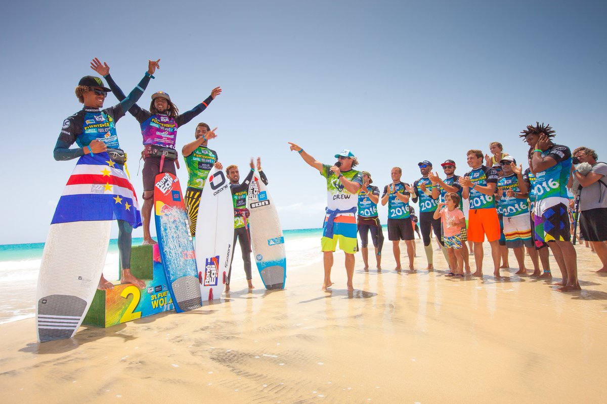 FuerteWorldcup's tweet photo. Winners GKA Strapless Kitesurfing #airtoncozzolino #matchulopes #paulinopereira #strapless #fue16 photo:@tombrendt https://t.co/vDnK55xmsO
