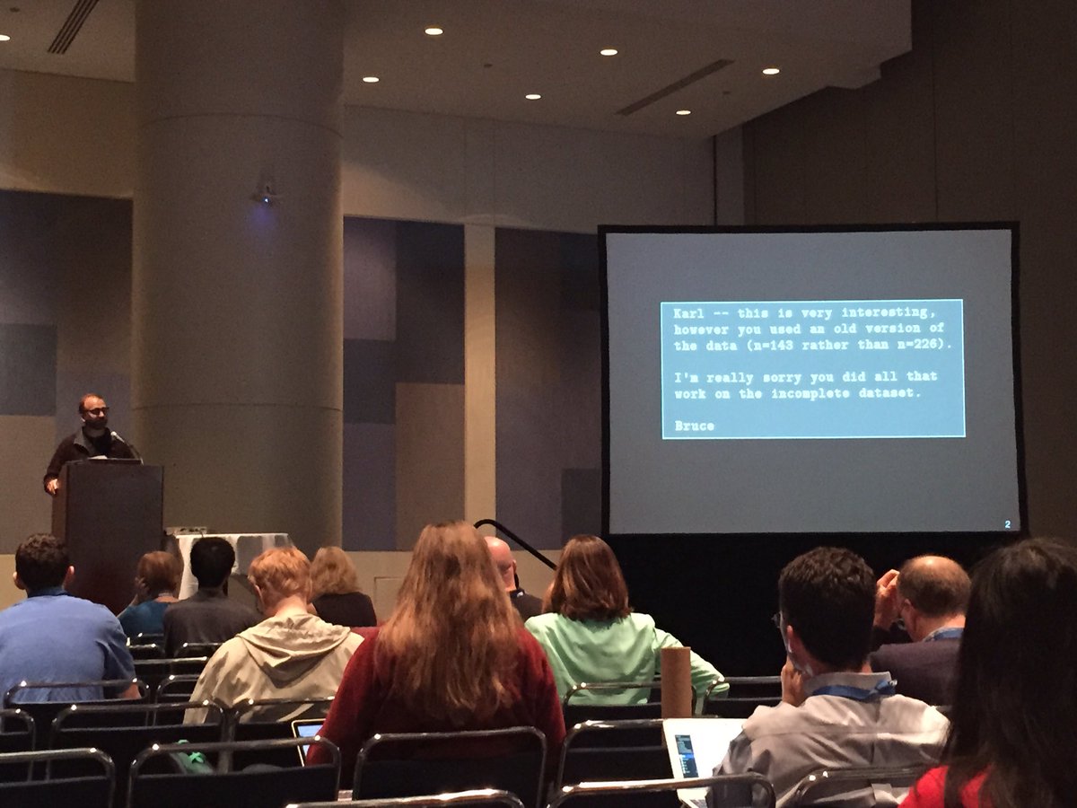 drob's tweet image. .@kwbroman's colleague was "sorry you did all that work on incomplete dataset"- reproducibility for the win #JSM2016