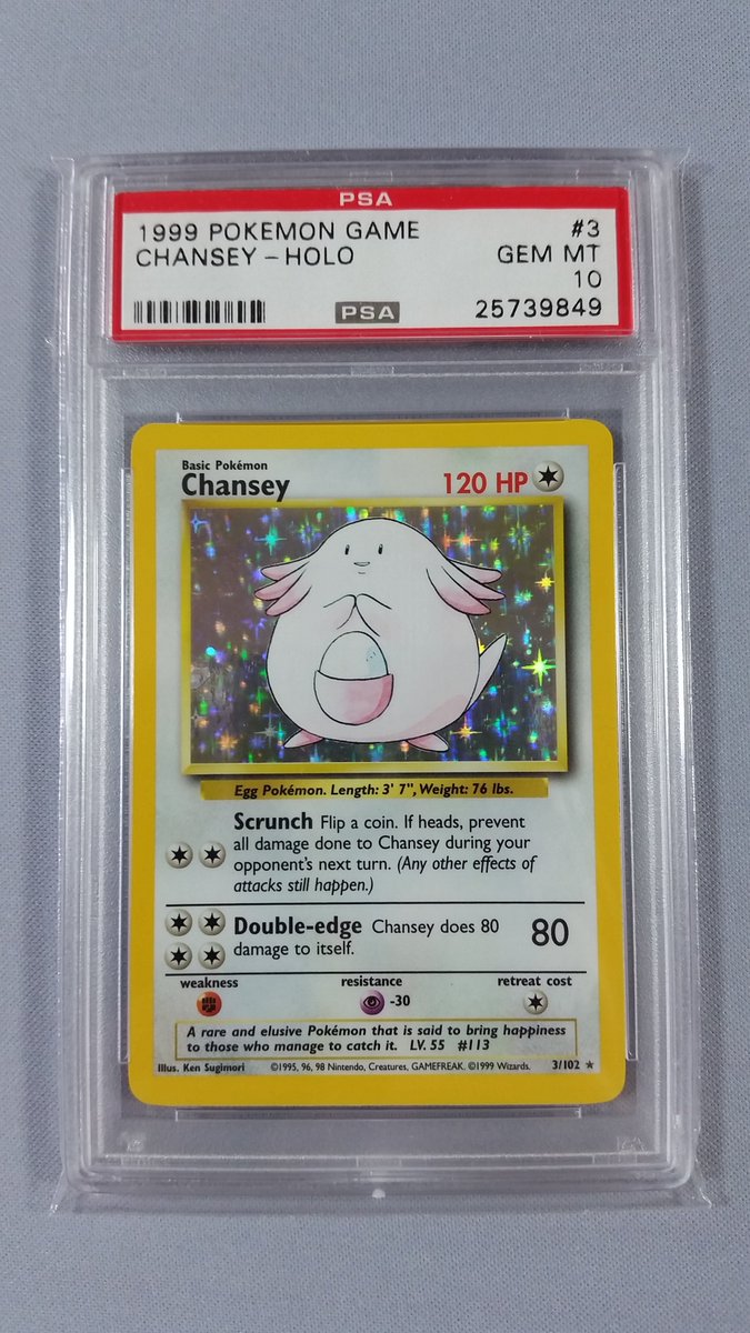 LudkinsC's tweet photo. Great PSA 10 Chansey! So hard to get a 10 on this card! #pokemonholo #rarepokemon #pokemongo #psa10 #gemmt10 https://t.co/ho0zqtdzqp