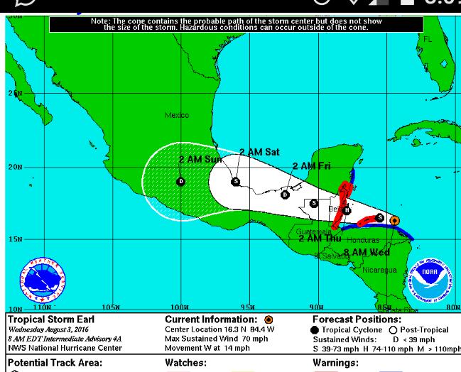 PCTulum's tweet photo. 7 am del pronostico de trayectoria de Earl. Se espera ingrese a Belice alrededor de las 2 am del jueves. @DavidBalam https://t.co/7pjNHu5GxN