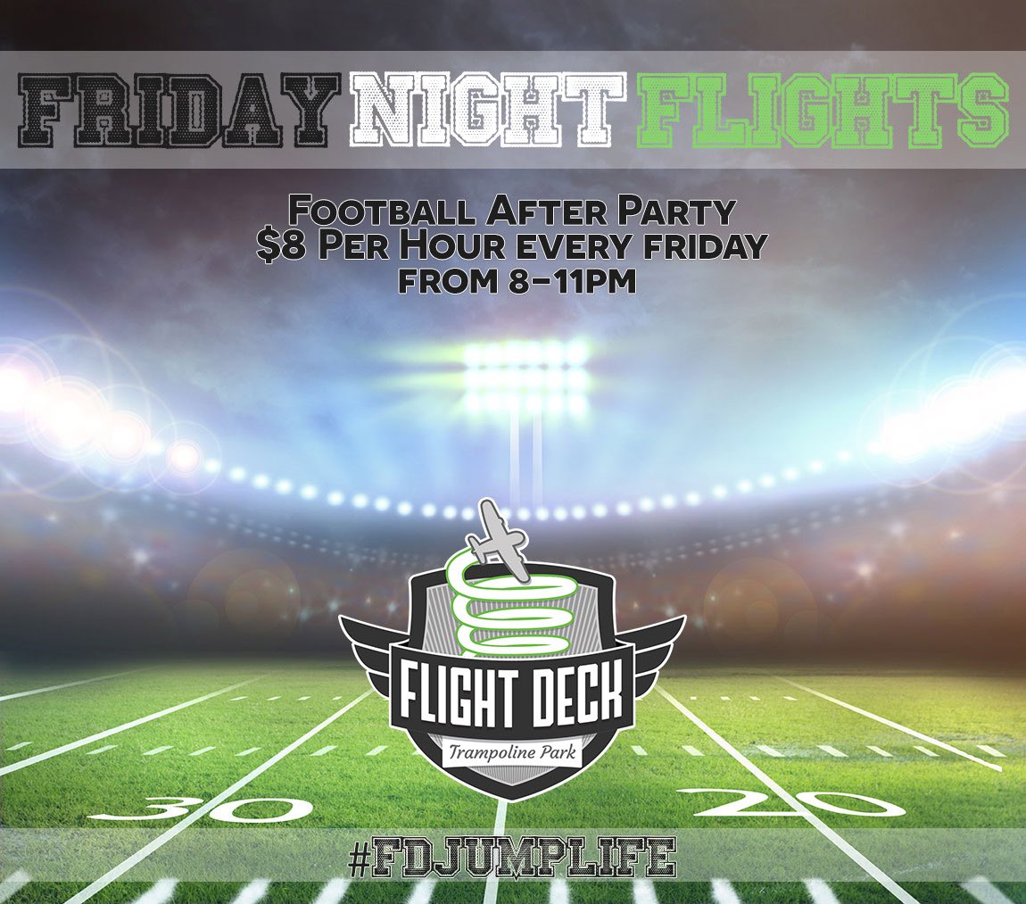 FlightDeckParks's tweet photo. Kicking off this Friday! π
Our after party is 8-11pm, $8 per hour π΅
Come fly with us!
#fdjumplife https://t.co/3hw1cMnSZ4