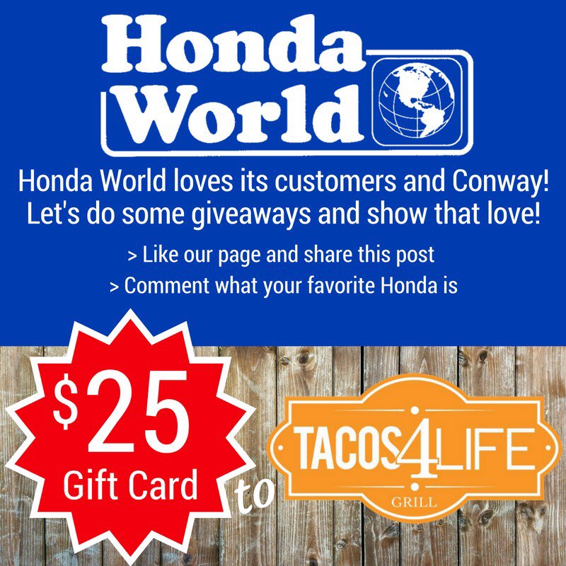 HondaWorldArk's tweet photo. 💥💥💥 GIVEAWAY!! Visit https://t.co/Ry6dDyarty for your chance to win a $25 gift card to @Tacos4LifeGrill https://t.co/idS8WbIek6