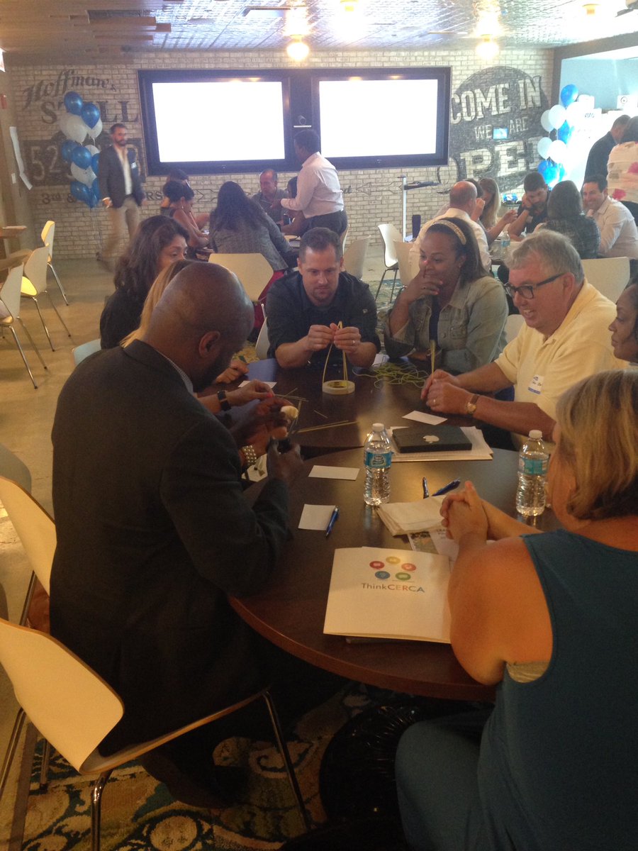 ThinkCERCA's tweet image. #EdTechCollab teams are doing the Marshmallow Challenge -- with a twist: One person is secretly an obstructionist