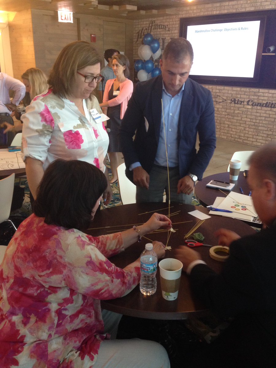 ThinkCERCA's tweet image. #EdTechCollab teams are doing the Marshmallow Challenge -- with a twist: One person is secretly an obstructionist