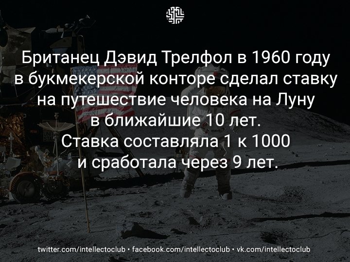 Британец Дэвид Трелфол в 1960 году в букмекерской конторе сделал ставку на путешествие человека на Луну в ближайш...