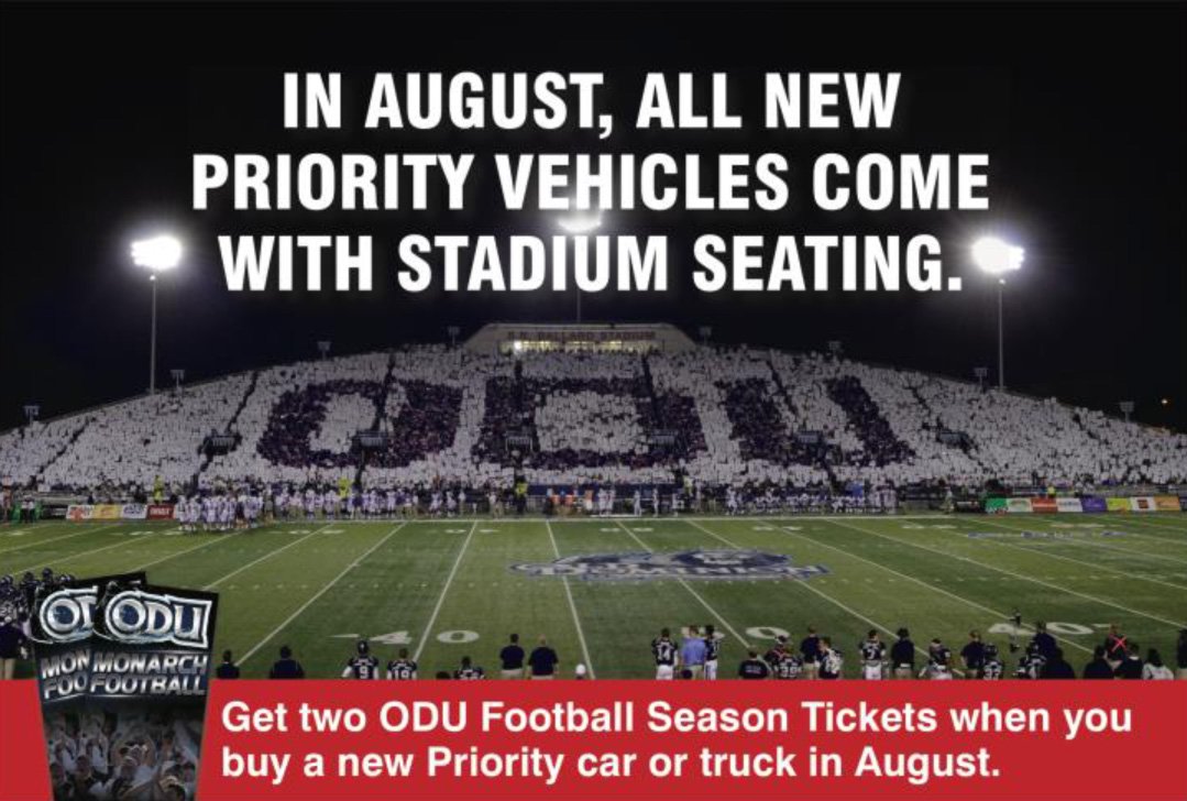 ODUFootball's tweet image. In August new vehicles @Priority_Auto come with #ODUFootball season tickets! priorityauto.com/odu-tickets.htm
